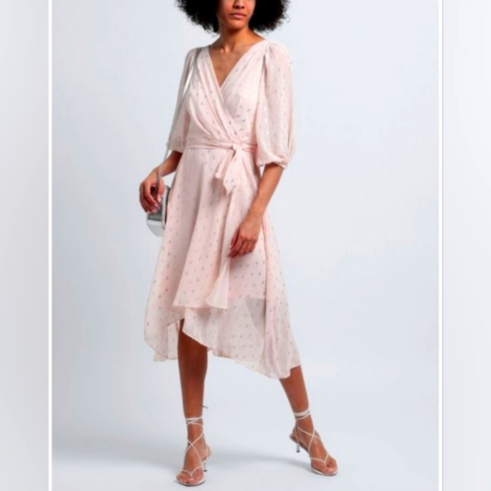 DKNY Balloon Sleeve Faux Wrap Chiffon Dress